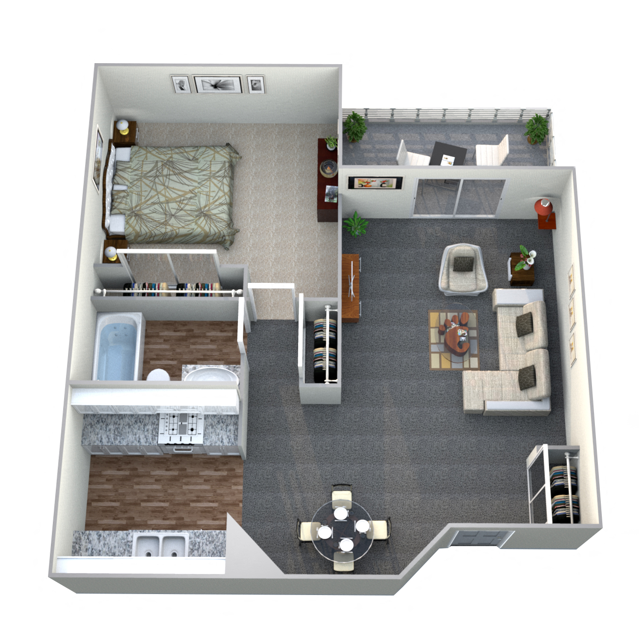 Floor plan for 1 bed, 1 bath, 619 sqft
